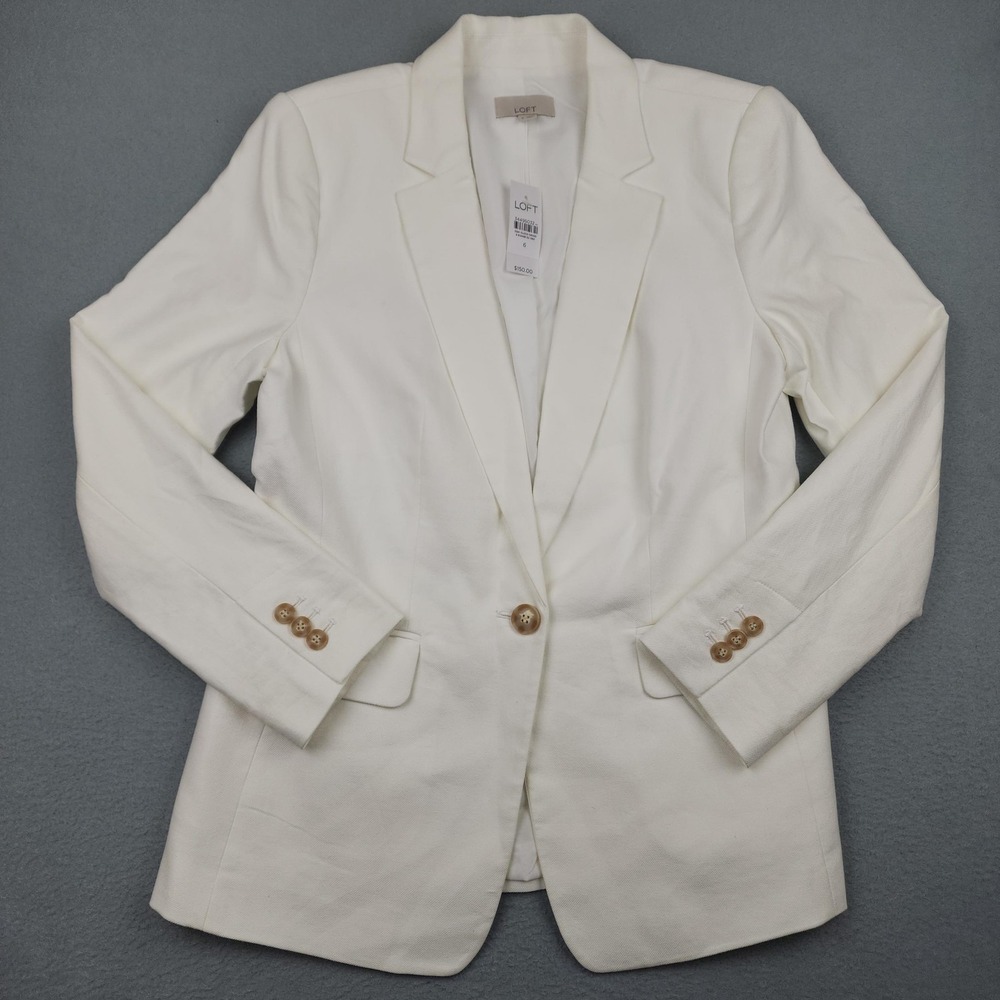 LOFT Blazer Womens 6 White Linen Cotton One Button Lined Jacket NWT READ